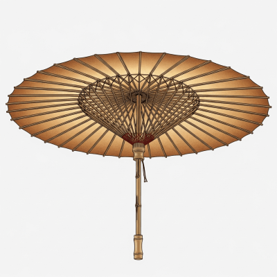 Detailed cross-sectional illustration of a Paper Umbrella, showing the internal structure such as ribs, shaft, and canopy fabric