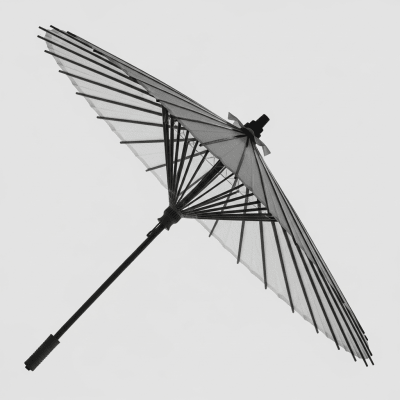 A minimalist side profile silhouette of a closed Paper Umbrella, set against a light grey background