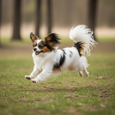 Full body action shot of a Papillon