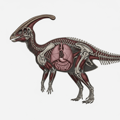 Detailed anatomical cross-section illustration of a Parasaurolophus