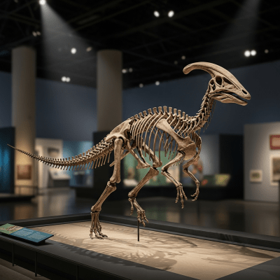 Museum exhibit style rendering of a single Parasaurolophus