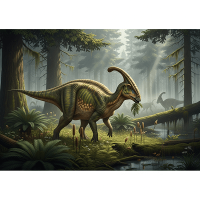Realistic depiction of a Parasaurolophus in its prehistoric natural environment