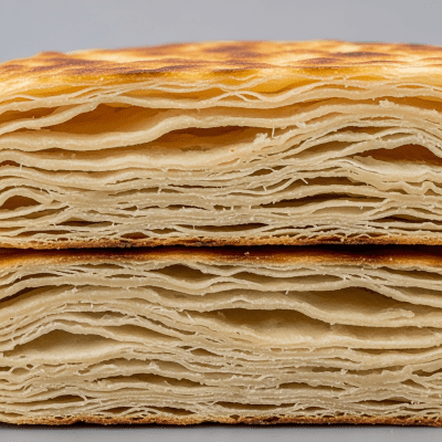 A close-up image of the interior of a sliced Paratha