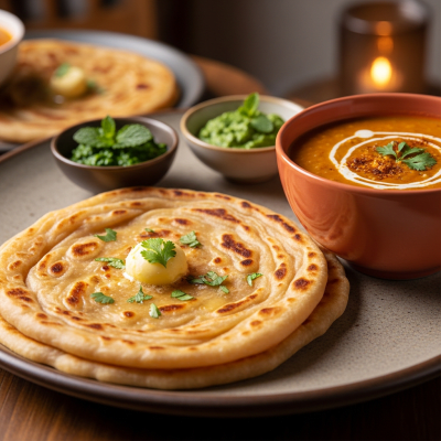 Photograph of Paratha, shown being served or eaten as part of a meal