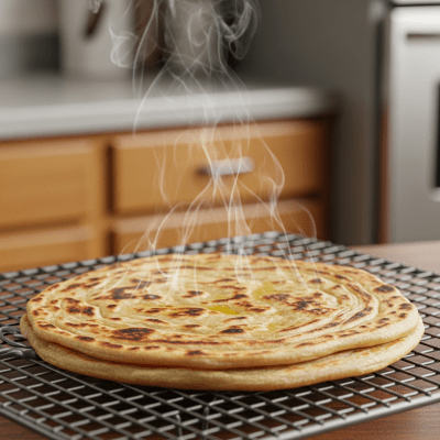 Photograph of freshly baked Paratha, cooling on a wire rack