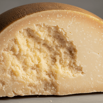 Close-up cross-sectional view of a Parmesan, showing its internal texture and structure