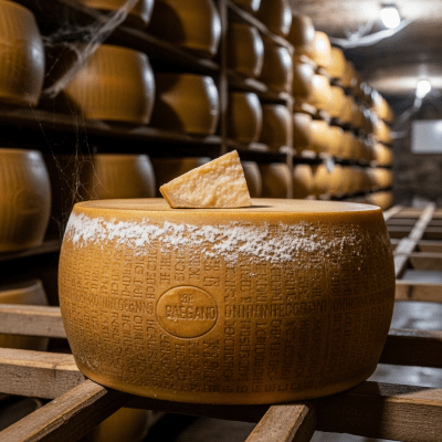 A whole wheel or block of Parmesan, shown in an artisanal cellar or aging environment typical for this cheese