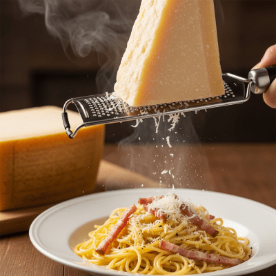 A piece of Parmesan being used in a classic culinary preparation or dish where it is commonly featured