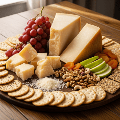 A serving of Parmesan arranged as part of a traditional cheese platter with fruits, nuts, and crackers