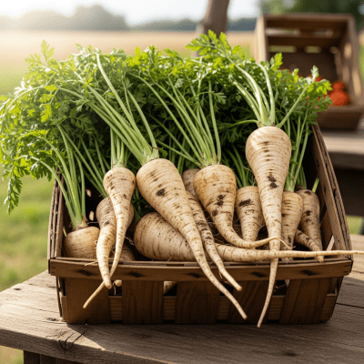 Image showing freshly harvested Parsnip, displayed in a farmer's market basket or crate