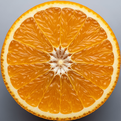 A detailed close-up cross-sectional image of a Parson Brown Orange from the oranges taxonomy, sliced cleanly in half to reveal the interior segments, pulp, and rind structure