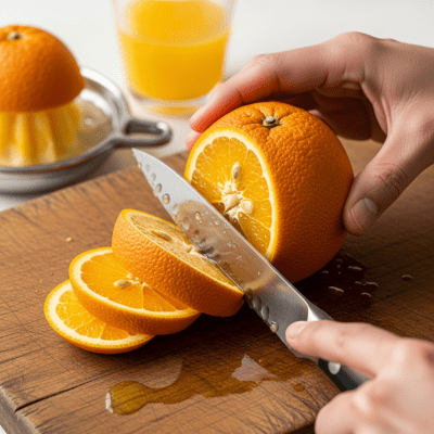 A realistic depiction of a Parson Brown Orange from the oranges taxonomy being used in a culinary context, such as being sliced on a cutting board or prepared for juice