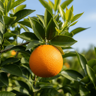 A naturalistic scene featuring a Parson Brown Orange from the oranges taxonomy growing on a tree with leaves and branches visible