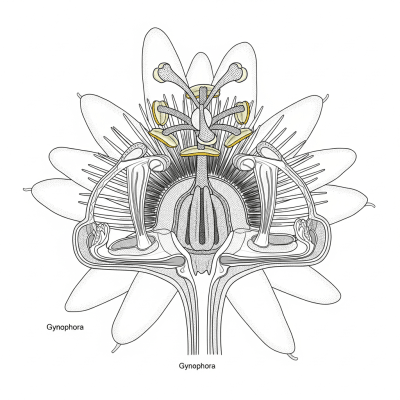 Cross-sectional illustration of a Passion Flower (flowers), showing internal parts such as stem, petals, and reproductive organs
