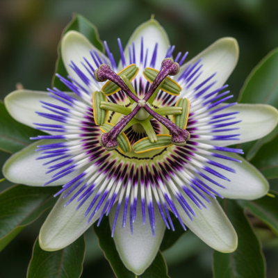Detailed macro image of a Passion Flower (flowers), focusing on the intricate structure of petals, stamens, and pistil