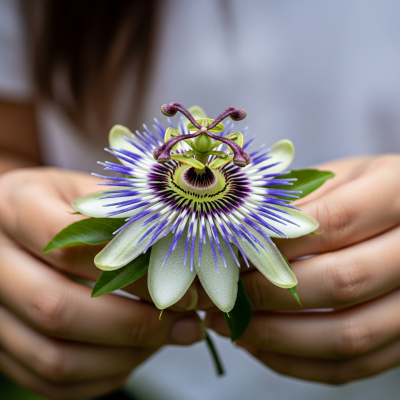 Photograph of a Passion Flower (flowers) being held or interacted with by a person in a gentle way