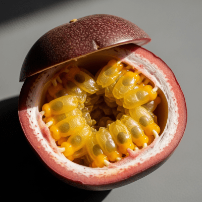 A close-up image showing a cross-section of the Passionfruit, belonging to the fruits taxonomy