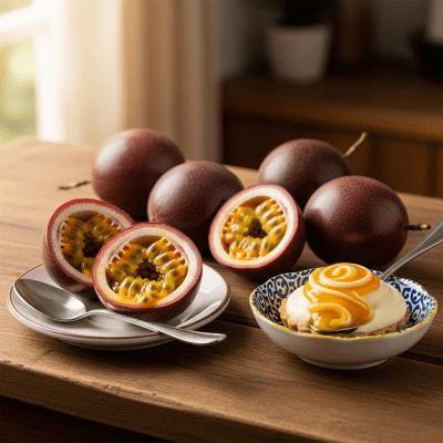 Image of the Passionfruit, part of the fruits taxonomy, prepared or used in a typical culinary context