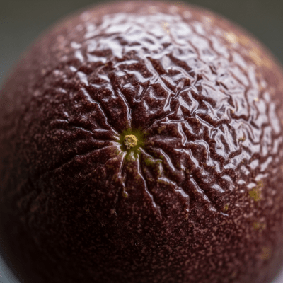 Macro shot capturing the surface texture and color details of the Passionfruit, within the fruits taxonomy