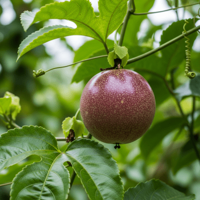 A photograph of a fresh Passionfruit from the fruits taxonomy as it appears in its natural growing environment, such as on a tree, bush, or vine
