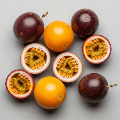 An overhead view photograph of several pieces of the Passionfruit, from the fruits taxonomy, arranged aesthetically on a plain background