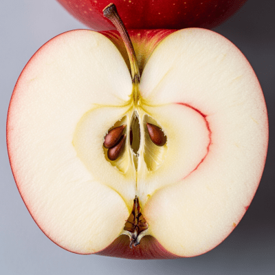 A close-up image showing a cross-section of a Paula Red of the taxonomy apples, sliced cleanly in half to reveal internal structure, seeds, and flesh