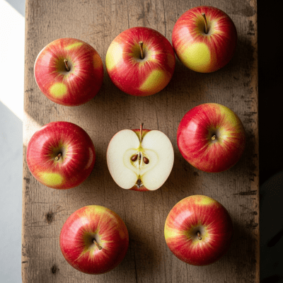 A simple arrangement showing several whole and one cut-open Paula Red, displayed on a wooden surface