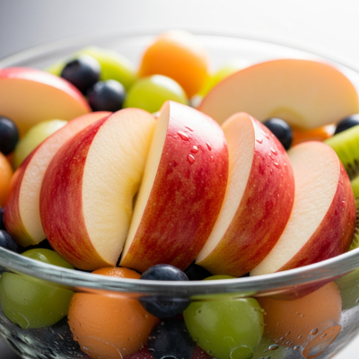 A photograph of a freshly sliced Paula Red of the taxonomy apples, presented as part of a fruit salad in a clear bowl