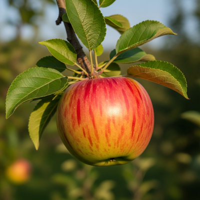 A naturalistic photograph of a Paula Red, hanging on its tree branch with leaves visible