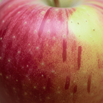 A detailed macro shot focusing on the skin texture and color variation of a Paula Red