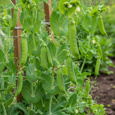 Photograph of the Pea (legumes) growing naturally on its plant in an outdoor agricultural or garden setting, showing leaves, pods, and surrounding soil or greenery