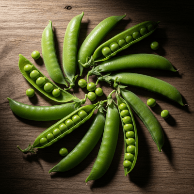Editorial-style image of the Pea from the taxonomy legumes, arranged artfully on a rustic wooden surface with dramatic lighting to highlight its unique shape and color.