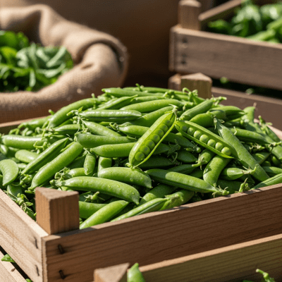 Image showing freshly harvested Pea, displayed in a farmer's market basket or crate