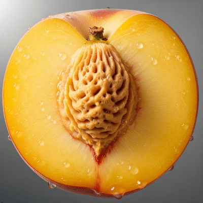 A close-up image showing a cross-section of the Peach, belonging to the fruits taxonomy