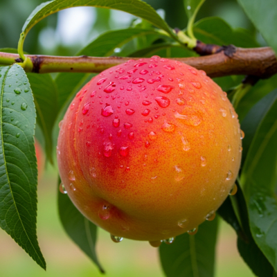 A photograph of a fresh Peach from the fruits taxonomy as it appears in its natural growing environment, such as on a tree, bush, or vine