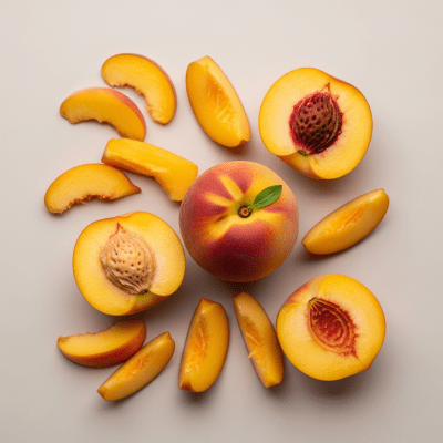 An overhead view photograph of several pieces of the Peach, from the fruits taxonomy, arranged aesthetically on a plain background