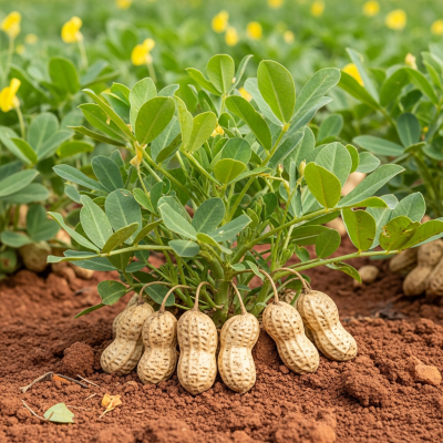 Photograph of the Peanut (legumes) growing naturally on its plant in an outdoor agricultural or garden setting, showing leaves, pods, and surrounding soil or greenery