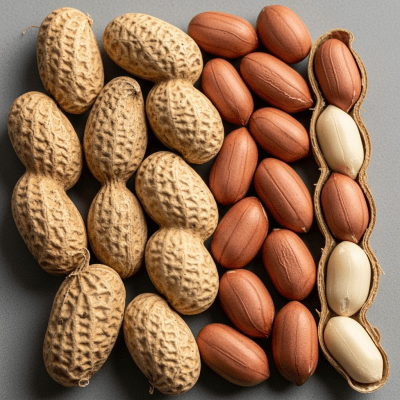 Image of a handful of unshelled and shelled Peanut (nuts), side by side