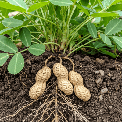 Photograph of a Peanut (nuts) in its natural environment, such as on the tree, bush, or ground where it grows