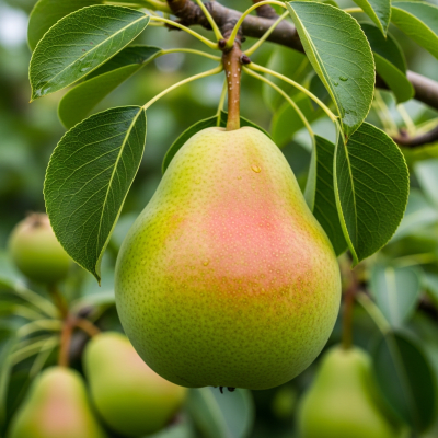 A photograph of a fresh Pear from the fruits taxonomy as it appears in its natural growing environment, such as on a tree, bush, or vine