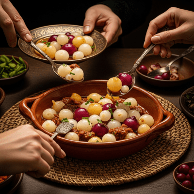 A cultural representation of a Pearl onion (onions) featured in a traditional dish or meal setting