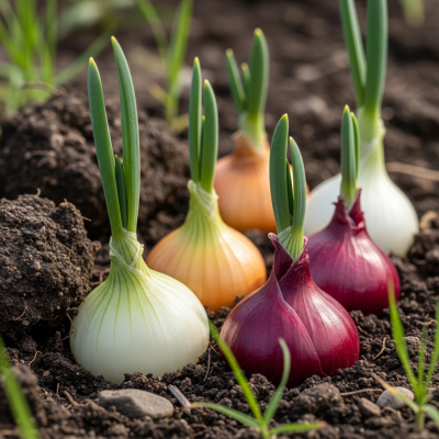 A photograph of a Pearl onion (onions) in its natural environment or growing in soil