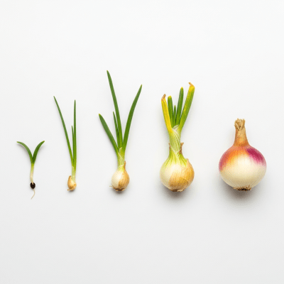 An image showing multiple stages of growth for a single type of Pearl onion (onions), from seedling to mature bulb