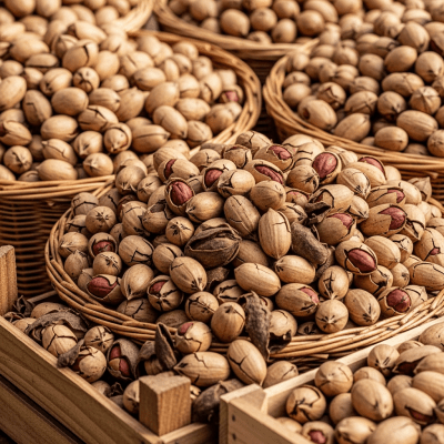 Photo showing harvested Pecan (nuts) nuts in bulk, such as in baskets or containers