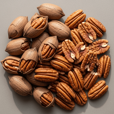 Image of a handful of unshelled and shelled Pecan (nuts), side by side