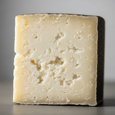 Close-up cross-sectional view of a Pecorino Romano, showing its internal texture and structure