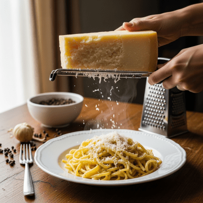 A piece of Pecorino Romano being used in a classic culinary preparation or dish where it is commonly featured