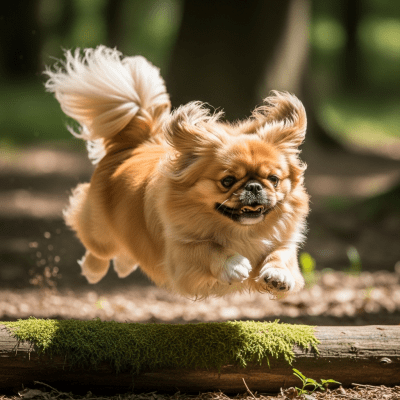 Full body action shot of a Pekingese