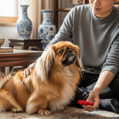 Image of a Pekingese interacting with humans in a typical cultural or domestic setting