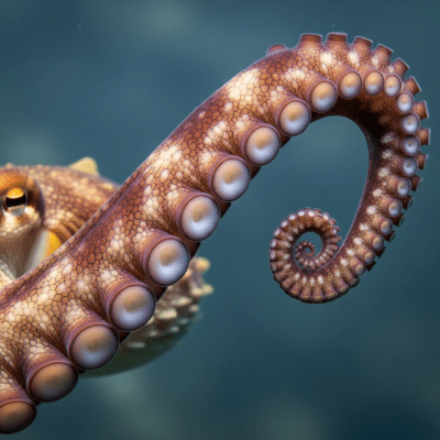 Naturalistic close-up photograph of a single arm of a Pelagic Octopus, focusing on the suckers, skin texture, and coloration details